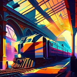 Embark on a cubist journey by painting a backlit train station, incorporating vivid colors and hyper-realistic textures for a captivating result.