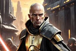 star wars bald male corellian jedi pilot wearing black and gunmetal grey old republic armored robes with gold trim, alone, battle-ready Jedi Master defending a ruined ancient city surrounded by golden light, centered head and shoulders portrait, hyperdetailed, dynamic lighting, hyperdetailed background, 8k resolution, volumetric lighting, light skin, fully symmetric details