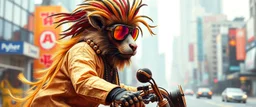 wall poster of transparent biker weasel rasta man with cute fur, in big cyberpunk city crossover, volume light and motion blur, airbrush and pen outline and paint smears
