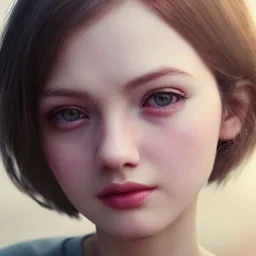 potrait girl look beautiful, close-up, dramatic, eyes like ocean blue, short hair, smile, 8k, rtx, eyebrows like serious, facing left, real, cute, hyper realistis