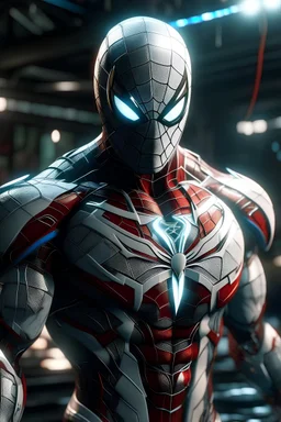 Spider man in a mega cool white iron super suit with spikes on his arms and shoulders, hdr, (intricate details, hyperdetailed:1.16), piercing look, cinematic, intense, cinematic composition, cinematic lighting, color grading, focused, (dark background:1.1)