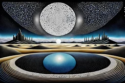 Pointillism surreal abstract landscape, standing and floating geometric shapes, circles, ovale and squares with overlapping shadows, and reflections in iced-desert scene, dark complementer colours, surreal sky, lightning, detailed, masterpiece