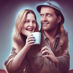 Me having coffee with a happy Drew Barrymore