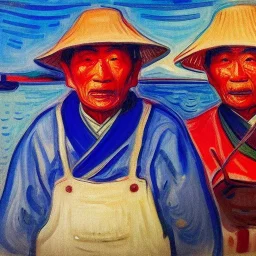 Portrait of OLd japanese Fishermen wearing bucket hat by edvard munch 8k