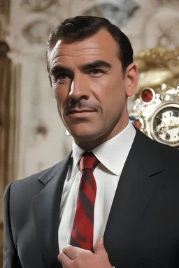 Hickory Dickory dock, He had a most impressive clock, extremely young, 20-year-old Sean Connery, with short, black hair, wearing a black Tuxedo, as James Bond, Bright, Colorful, vibrant, clear, 1080p, 32k UHD