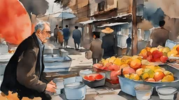 Water color Painting, Minimal. Iran. new yorker. Vector. Street. salesman Weekly market