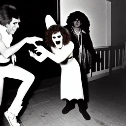 Photo of 1980s party with a vampire scaring a cat