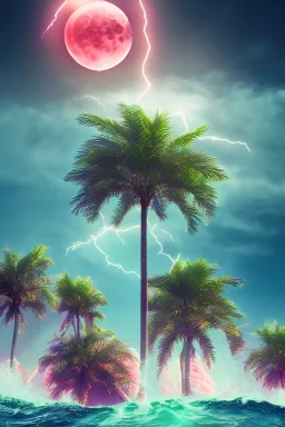 1980's vaporwave aesthetic palm trees with lightning with lunar eclipse in the ocean waves sunset