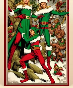 two elves. woman and man. stand apart. Christmas scene. poster. marvel comic. low-key