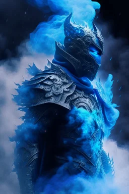 blue smoke in a shape of humanoid and a colour of a storm wearing a scalemail armor