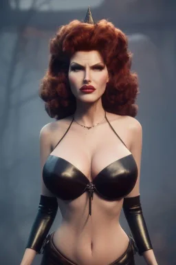 Rita Hayworth as evil queen in black leather, busty, cleavage, curvy, angry, stern look. character design by cory loftis, fenghua zhong, ryohei hase, ismail inceoglu and ruan jia. unreal engine 5, artistic lighting, highly detailed, photorealistic, fantasy