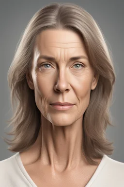 realistic, (49yr old female)without makeup, Caucasian beautiful face, 3/4 head position, dark hair, studio lighting, cinematic light, beautiful woman, milk beige middle hair, perfect anatomy, on white background, 8k Resolution, highly detailed, non-symmetrical body a, detailed hairstyles and skin texture