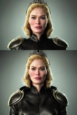 Cersei Lannister as evil queen in black leather coat, busty, cleavage, voluptuous, lena headay, angry, stern look. character design by cory loftis, fenghua zhong, ryohei hase, ismail inceoglu and ruan jia. unreal engine 5, artistic lighting, highly detailed, photorealistic, fantasy