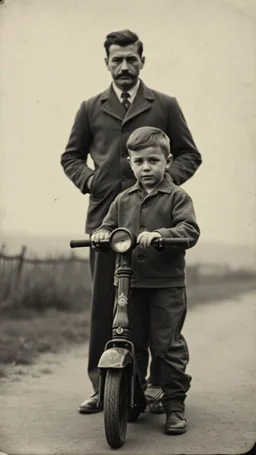An old picture style of black and white mono very bad quality looks very old camera picture with cracks a 10!years old boy with a scooter standing with a man with Alina face .year 1900