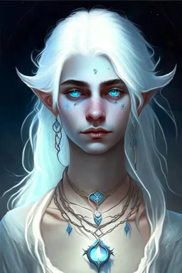 hauntingly beautiful character for dnd, young woman with white hair and blue eyes, angel, with moon necklace, dangs