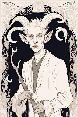 young satyr male albino alchemist with goat horns in the style of Aubrey Beardsley