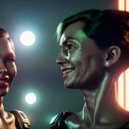 Ultra Realistic scene, retro futuristic style, 1960 fashion sci-fi. 2 Women, smile, happy. highly detailed, concept art, unreal engine 5, ray tracing, RTX, lumen lighting, ultra detail, volumetric lighting, 3d, finely drawn, high definition, high resolution.