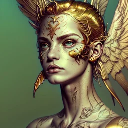 white background, golden Angel, tattoo, feathers, steampunk, fantasy, old canvas, torn cracks, flowers, cyberpunk, gold, silver, green lilac color, mystical, glow, golden makeup, fine drawing, high detail, high resolution, 8K, 3D, Daniel Castan Carne Griffiths Andreas Lee Russ Mills