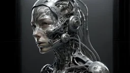 Cyborg female evolving | flesh is growing absorbing the Metal | concrete floor | detailed | fine art | highly detailed | smooth | sharp focus | ultra realistic | full body portrait view, Mysterious, white metal