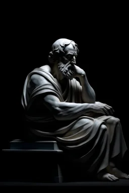 An ancient Greek sculpture of a stoic philosopher resting and thinking, with visible scars because he has boxed a couple of hours before, cinematic, 8k, dark background, at night.