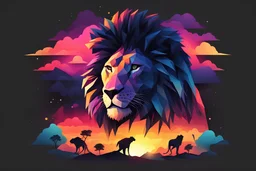 a silhouette design of a lion, sunset design, t- shirt art, 3D vector art, cute and quirky, bright bold colorful., black background, watercolor effect, , digital painting, low-poly, soft lighting, bird's-eye view, isometric style, retro aesthetic, focused on the character, 4K resolution, photorealistic rendering, using Cinema 4D,front side