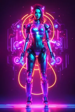 dj girl with fullbody robotic colorsfull glowing neon,light shining neons colorfull background