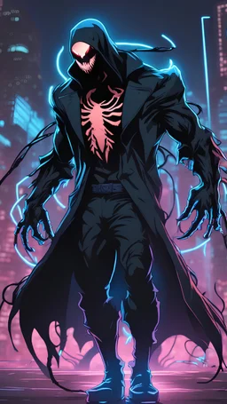 Mix between venom symbiote and Reaper in solo leveling shadow style with neon glowing blue