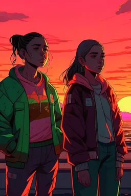 gün batımını izleyen 2 kız 2D biraz daha detaylı daha fazla detay ve 2d yüzleri hafif görünüyor yüzleri görünüyor farklı bir tarzda detaylı farklı ve detaylı kıyafetler kıyafetler düzgün olsun ve hava soğuk farklı bir tarz Farklı bir tarz ve neon farklı bir poz gta tarzı farklı