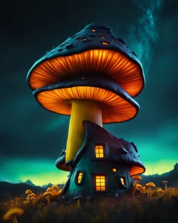 An asymmetrical mushroom house in the night sky. in space. Bright Bold Bright Colors, teal yellow black, Stark Dark background. Detailed Matte Painting, deep color, fantastical, intricate detail, splash screen, hyperdetailed, insane depth, Fantasy concept art, 8k resolution, trending on artstation, Unreal Engine 5, color depth, Deep Colors, backlit, splash art, dramatic, splash art Style. High Quality, Painterly, Whimsical, Fun, Imaginative, Bubbly, good detail, perfect composition,