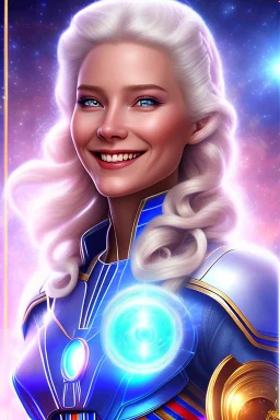 young cosmic woman smile, admiral from the future, one fine whole face, large cosmic forehead, crystalline skin, expressive blue eyes, blue hair, smiling lips, very nice smile, costume pleiadian,rainbow ufo Beautiful tall woman Galactic commander, ship, perfect datailed golden galactic suit, high rank, long hair, hand whit five perfect detailed finger, amazing big blue eyes, smilling mouth, high drfinition lips, cosmic happiness, bright colors, blue, pink, gold, jewels, realistic