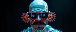 cool transparent guy made with nano tape and with shades and mustache and bald head, saw blade beholder eye tyrant flating beholder kin with eyes on each saw blade tooth saying something profound