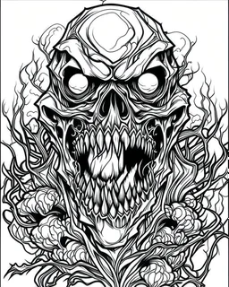 create a 2d black outline, "scary psycho monster with half of face with deformation on face and psycho smile and corrupted thorn coloring book for adults", coloring page, low details design, black contour, coloring page design, coloring page for adults,horror background, black contour and white space beetween contour, same contour,sketch style, horror style, creepy style, minimalist, halloween background,simple