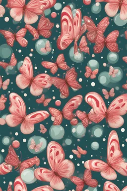 Butterflies and bubbles flying through a candy cane forest