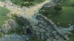 hobbits village view from above, warm daylight summer time cartoon style