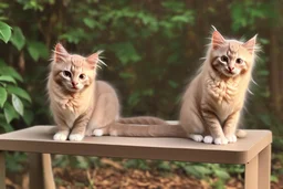 a contented long-haired cute beige kitten with big headphones on its head sits on a red bench in the woods, musical notes emanating dynamically from the headphones, mice sitting in front of the bench playing cards in the sunshine