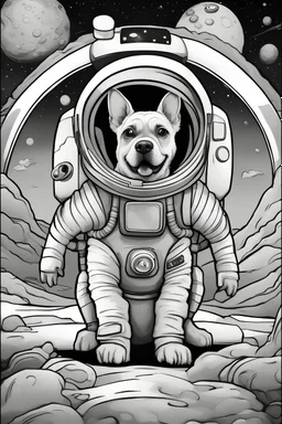 [Black & White Full Body Cartoon Style] Coloring Book: A determined dog dressed as an astronaut, exploring a grayscale alien landscape.