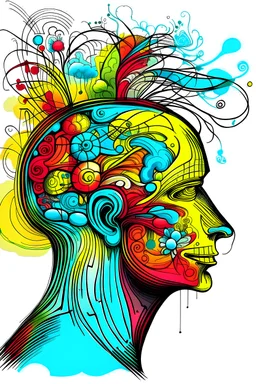 Illustrate a real person thinking on how to improve the human mind, fine vivid colour, low details