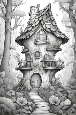 a coloring page, a whimsical fairy house in the forest, cinematic view, clean lineart, black and white only