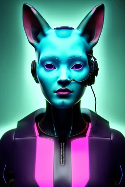 Medium Close Up Portrait, Front image. cyberpunk, rabbit mask, Italian woman, pink hair. latex, glossy suit. Cyan, black, pink, color. Ghost in the shell style. Color background, photo studio. Neon, Led lights, Avatar image, highly detailed, concept art, smooth, unreal engine 5, god rays, ray tracing, RTX, lumen lighting, ultra detail, volumetric lighting, 3d, finely drawn, high definition, high resolution.