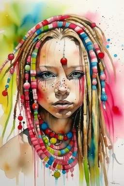 Watercolor white and fuxia dreadlocks girl with coloured beads in the hair