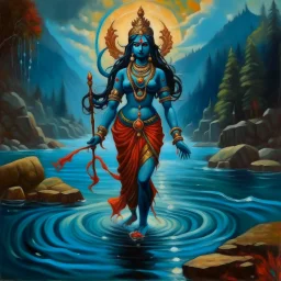 An oil painting of goddess Kali crossing a lake