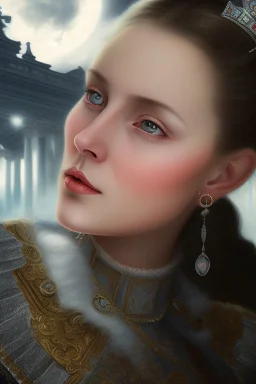 Historic portrait painting of a 42 year old princess in a luxurious library with large mansion windows behind