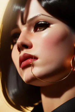 young woman, brown hair, dark orange eyes, hoop earrings, red blouse, elegant, dark eyeshadow, black eyeliner, high arch angular eyebrows, head and shoulders portrait, 8k resolution concept art portrait by Greg Rutkowski, Artgerm, WLOP, Alphonse Mucha dynamic lighting, hyperdetailed, intricately detailed, Splash art trending on Artstation