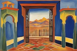 A gothic_arab glass gate in a blue wall with a view of a desert city by artist "Arthur Garfield Dove",by artist "Leonora Carrington",by artist "Emil Nolde"