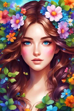Beautiful anime girl with shiny flowing brown hair and full clover leaves sewn on her head, lovely bright blue eyes, surrounded by colorful flowers, very beautiful, very colorful, vibrant colors, digital painting
