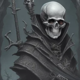 Evil Old human Necromancer in dark robes in a dark cave covered in darkness and bones with skeletons surrounding