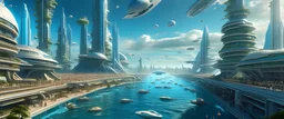 miasto przyszłości na oceanie w środku dnia z wieloma ludźmi i statkiem kosmicznym