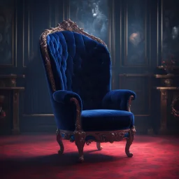 A freestanding wing chair in midnight blue velvet with a red round cushion. Illustrative art, art interpretation, concept art, cgsociety contest winner, seasonal art, seasonal art HD, 4k, 8k, intricate, detailed, intricately detailed, luminous, translucent fantasy crystal, holographic data, soft body, shadow play, light, fog, atmospheric, cinematic, light film, hyper-detailed, hyper-realistic, masterpiece, atmospheric, high resolution, 8k, HDR, 500px, mysterious and artistic digital art, phototi