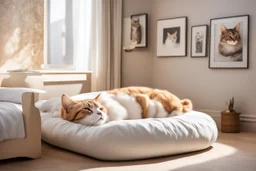 Lifelike cat-shaped bed with a cat lying on it in an elegant bedroom, bedside table, window, pictures on the walls in sunlight.