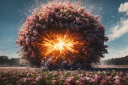 Atomic explosion, made of flowers, ULTRA REALISTIC, details, intricate detail, professional lighting, film lighting, 35mm, anamorphic, lightroom, cinematography, bokeh, lens flare, film grain, hdr10, 8k, Roger Deakins, incredibly detailed, reflect, sharpen